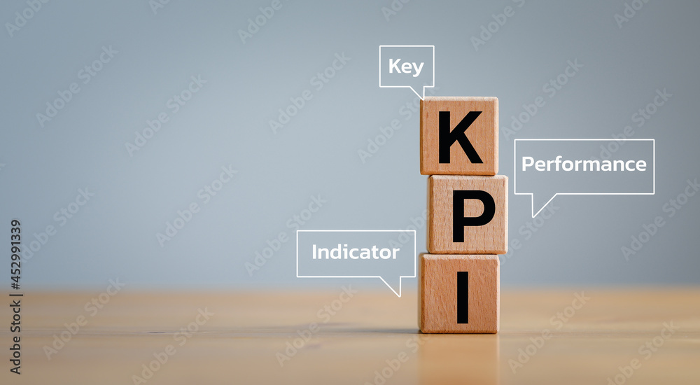 Poster KPI Key performance indicator business and industrial analysis concept on cube wood block with copy space.