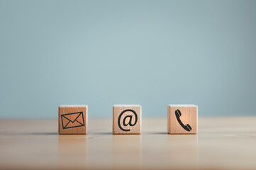 contact us icon email, address, phone, on wood cube, customer service and support for self...