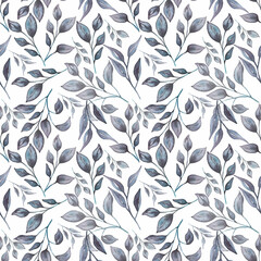 Fototapeta premium Seamless watercolor greenery pattern in blue colors. Delicate Florals Hand drawn repeat paper.