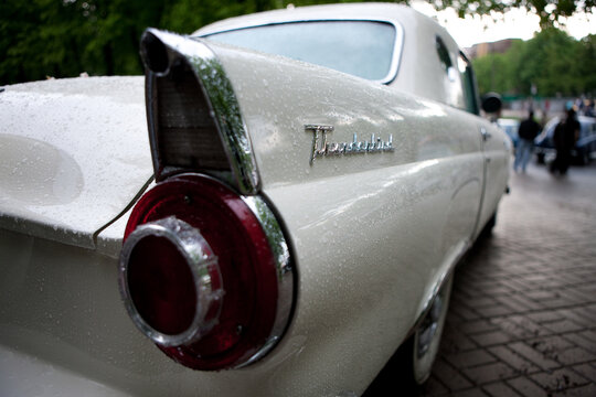 Minsk, Belarus, May 15, 2015. Tail fin of 1956 Ford Thunderbird Convertible classic car