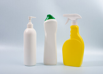 Containers for household cleaning products.