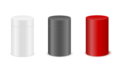 Cylinder boxes mockups isolated on white background. White, black, red cardboard packages for product design. Containers for gift, tea, coffee, food. Vector realistic illustration.