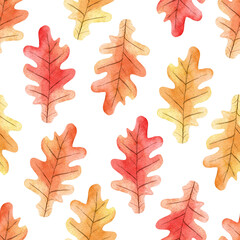 Watercolor oak leaves seamless pattern on white background.