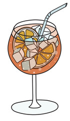 Stylish hand-drawn doodle cartoon style orange Aperol spritz cocktail in balloon glass. Vector illustration good for party card, posters, bar menu or alcohol cook book recipe