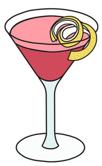 Stylish hand-drawn doodle cartoon style pink Cosmopolitan cocktail in Martini glass garnished with a lemon twist. Vector illustration good for party card, posters, bar menu or alcohol cook book recipe