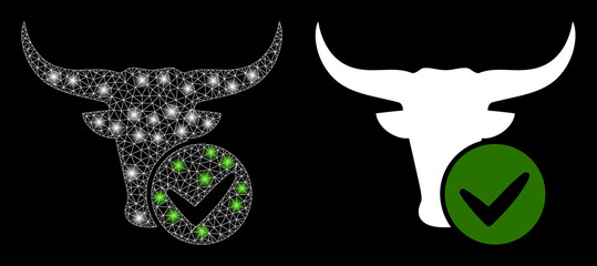 Glossy mesh vector approved beef with glare effect. White mesh, glare spots on a black background with approved beef icon. Mesh and glowing elements are placed on different layers.