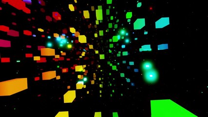 Concept of multicolored information data flow.Vj loop fly through 3d space with complex blocks structure, neon light. 3d looped motion design bg. Sci fi bg, futuristic cubes with neon light on it.