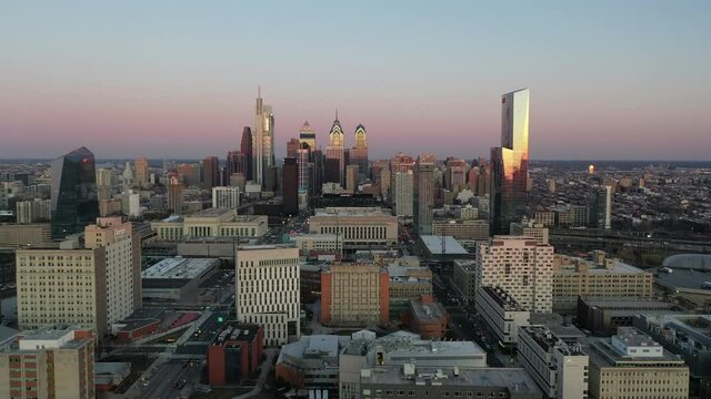 Aerial view of the Philadelphia skyline at sunset.