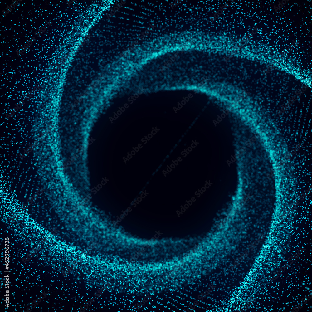 Poster Abstract fractal lighting tunnel. 3d rendering. Swirling blue symbol. Optical illusion. Twisted wormhole. 3D wireframe abstract tunnel.