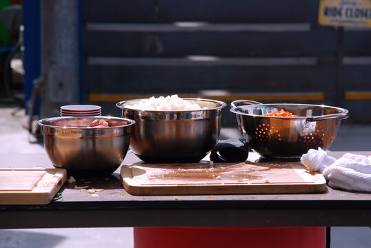 Outdoor Food Prep For The Clam Chowder Cook-Off At The Santa Cruz Beach Boardwalk In Santa Cruz, California