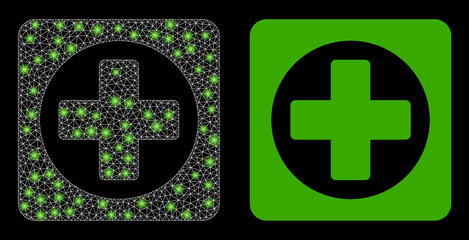 Glossy mesh vector create with glare effect. White mesh, glare spots on a black background with create icon. Mesh and glowing elements are placed on different layers.