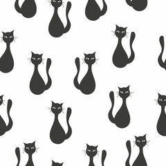 Fototapeta na wymiar Seamless pattern with silhouette of a mystical black cat on white background