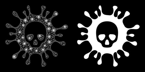 Bright mesh vector death virus with glare effect. White mesh, glare spots on a black background with death virus icon. Mesh and lightspot elements are placed on different layers.