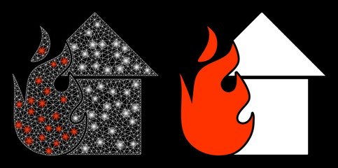 Glamour mesh vector fired house with glare effect. White mesh, glare spots on a black background with fired house icon. Mesh and glare elements are placed on different layers.