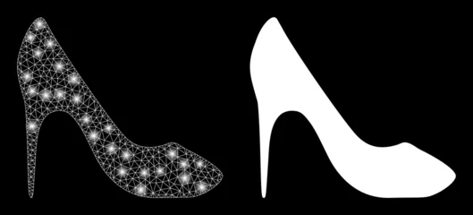 Tuinposter Magic mesh vector high heel shoe with glare effect. White mesh, bright spots on a black background with high heel shoe icon. Mesh and glare elements are placed on different layers. © Viktor