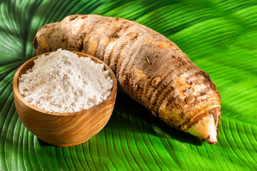 Organic taro flour in the bowl - Colocasia esculenta