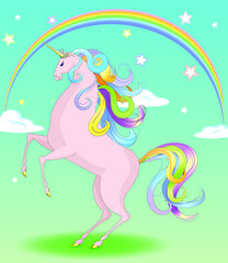 Obraz na płótnie Canvas Fabulous pink unicorn stands on its hind legs against a background of rainbow and stars