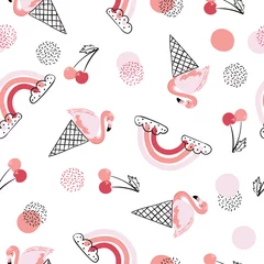 Gordijnen Naadloze vector zomer patroon met ijs flamingo en regenbogen. Mode print © Afanasia