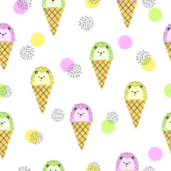 Seamless hedgehog ice cream cone pattern. Vector summer print for kids