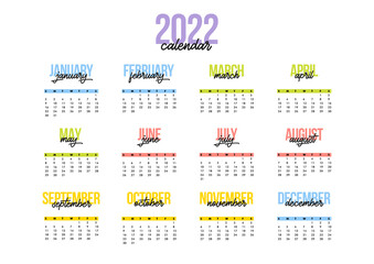 Year 2022 calendar horizontal vector design template, simple and clean design. Calendar for 2022 on White Background for organization and business. Week Starts Summer