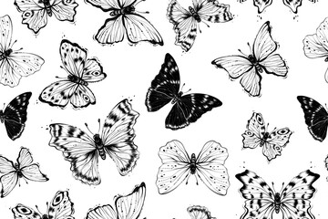 Seamless pattern of butterflies, monochrome vector illustration