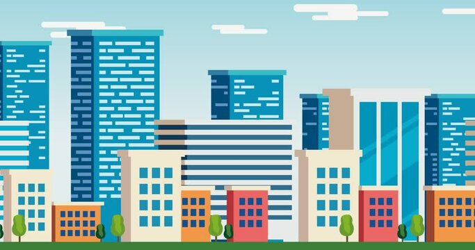 cool animation : cartoon style background of modern high rise buildings in the city