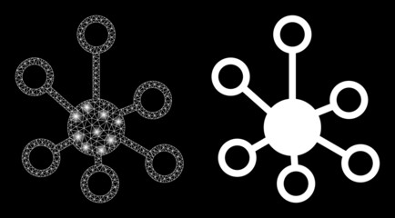 Magic mesh vector relations with glare effect. White mesh, glare spots on a black background with relations icon. Mesh and glowing elements are placed on different layers.