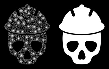 Glamour mesh vector safety helmet skull with glow effect. White mesh, bright spots on a black background with safety helmet skull icon. Mesh and glowing elements are placed on different layers.