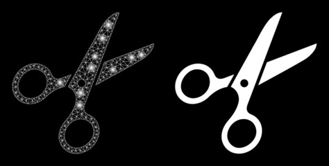 Magic mesh vector scissors with glare effect. White mesh, bright spots on a black background with scissors icon. Mesh and glare elements are placed on different layers.