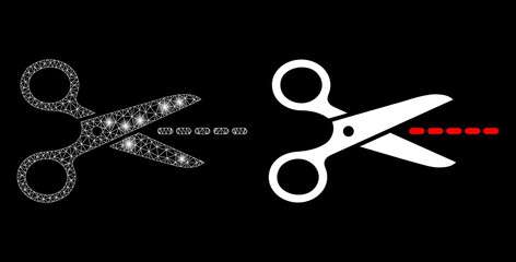 Magic mesh vector scissors line with glare effect. White mesh, glare spots on a black background with scissors line icon. Mesh and glare elements are placed on different layers.
