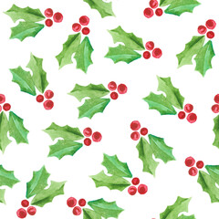 Watercolor illustration of festive New Year and Christmas decor pattern of painted red and green mistletoe.
