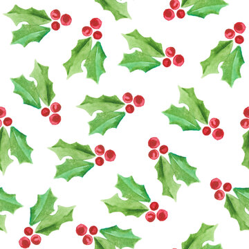 Watercolor illustration of festive New Year and Christmas decor pattern of painted red and green mistletoe.
