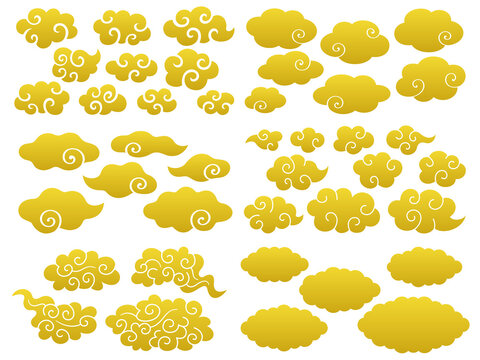 色々な形の和風の金の雲のイラストセット