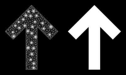 Bright mesh vector up direction arrow with glare effect. White mesh, light spots on a black background with up direction arrow icon. Mesh and glare elements are placed on different layers.