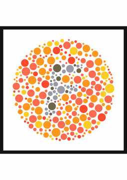 Vector graphic of Ishihara color test or Color blind test design. The Letter F cunningly hid inside an Ishihara inspired design. A color blindness test shaped color test plate with the Letter F.
