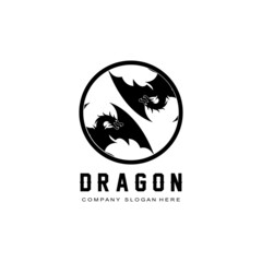 Vector Fire dragon logo icon, scary legend winged animal, illustration concept