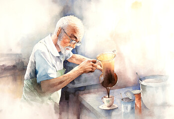 Watercolor drawing of Old man making coffee.