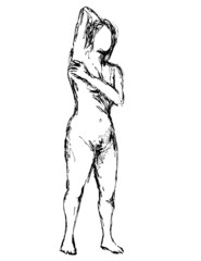 Doodle art illustration of a nude female human figure posing with hand behind head done in continuous line drawing style in black and white on isolated background.