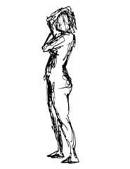 Fototapeta na wymiar Doodle art illustration of a nude female human figure posing with hand behind head side view in continuous line drawing style in black and white on isolated background.