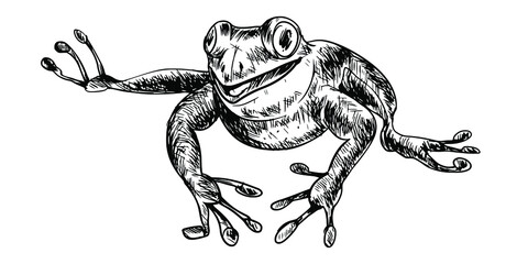 Sketch running toad on a white background. Reptile aquatic animal hand-drawn by strokes in vector.