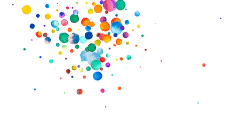 Watercolor confetti on white background. Alive rainbow colored dots. Happy celebration wide colorful bright card. Extraordinary hand painted confetti.
