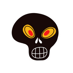Funny black skull with red eyes. Vector illustration. Design for Halloween, day of the dead