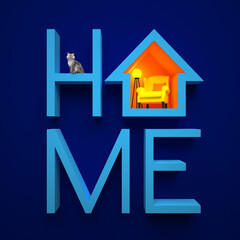 The HOME word, where the letter O is made in the shape of a cozy house with an abstract interior in warm colors, on a dark blue background. 3d render illustration.