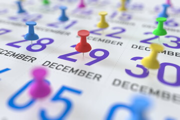December 29 date and push pin on a calendar, 3D rendering