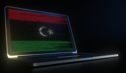 Open laptop and computer code on the screen composing flag of Libya. Modern information technology related 3d rendering