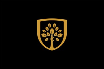 Hand tree logo design vector. Plant care illustration sign. Green leaf in shield vector icons.