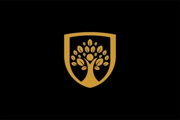 Hand tree logo design vector. Plant care illustration sign. Green leaf in shield vector icons.