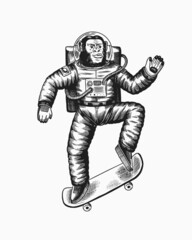 Monkey astronaut rides a skateboard. Chimpanzee soars on the board. Spaceman cosmonaut character. Fashionable animal. Hand drawn Engraved old monochrome sketch. Vector illustration for t-shirt tattoo 