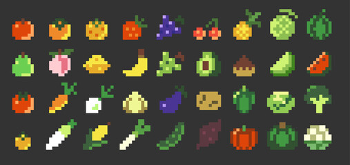 Fototapeta na wymiar Pixel art vector game fruits and vegetables icon set (color)
