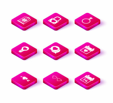 Set Amour with heart and arrow, Heart shaped love glasses, in light bulb, speech bubble, Calendar February 14, Diamond engagement ring and Lock icon. Vector - Powered by Adobe